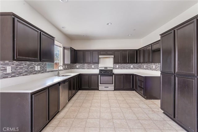 3720 Mount Whitney Ave, Rosamond, CA 93560 - kitchen with stainless steel appliances, dark brown cabinets, backsplash, light countertops, and light flooring
