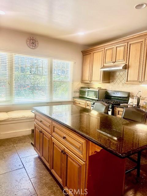 13621 Erwin St, Van Nuys, CA 91401 - kitchen with stainless steel gas stove, under cabinet range hood, dark stone countertops, and backsplash