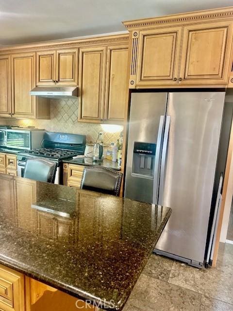 13621 Erwin St, Van Nuys, CA 91401 - kitchen with stainless steel appliances, under cabinet range hood, dark stone countertops, tasteful backsplash, and light stone finish floors