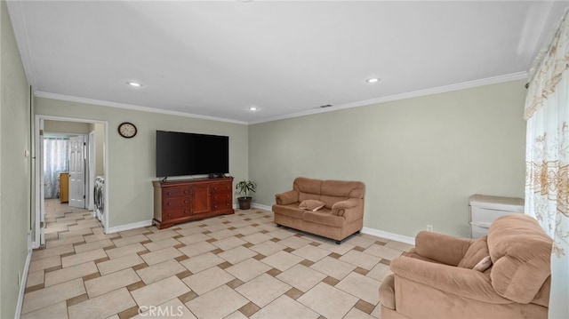 3856 Baldwin Park Blvd Unit B, Baldwin Park, CA 91706 - living room with recessed lighting, ornamental molding, and separate washer and dryer