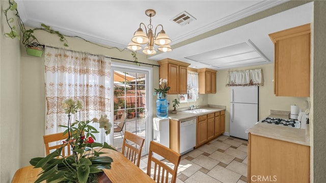 3856 Baldwin Park Blvd Unit B, Baldwin Park, CA 91706 - kitchen with white appliances, a chandelier, light countertops, decorative light fixtures, and crown molding