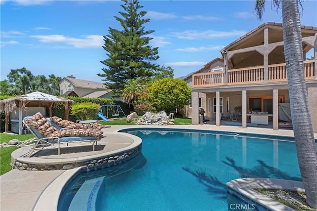 8247 Jennet St, Rancho Cucamonga, CA 91701 - view of swimming pool with a patio area, a gazebo, and a pool with connected hot tub