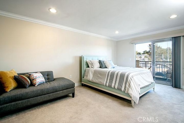 1417 S Westgate Ave Unit 201, Los Angeles, CA 90025 - bedroom featuring access to outside, ornamental molding, light carpet, and recessed lighting