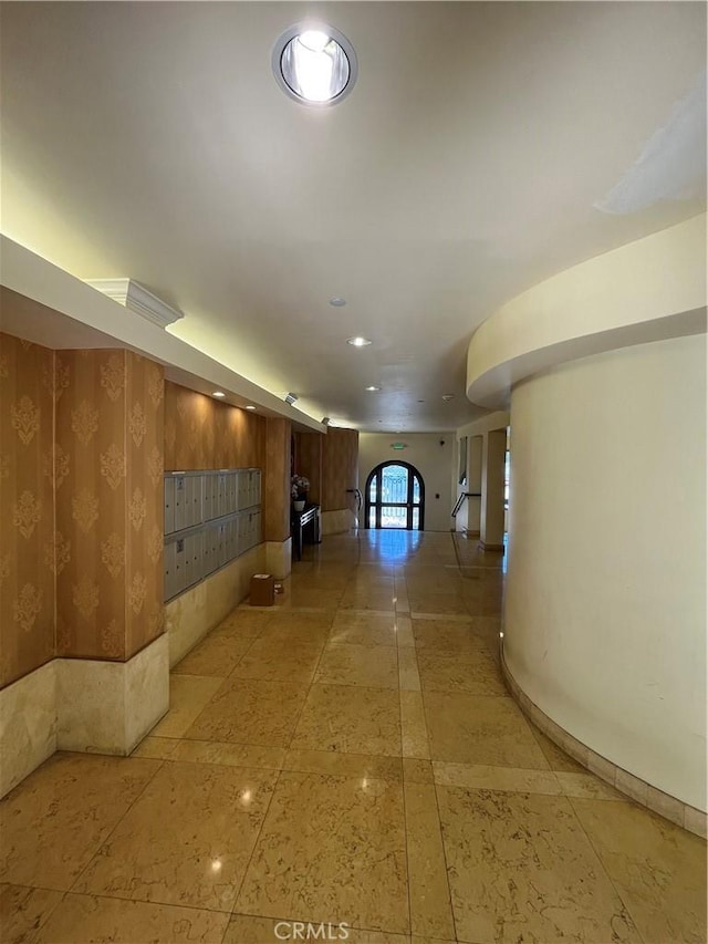1417 S Westgate Ave Unit 201, Los Angeles, CA 90025 - hall with mail area, recessed lighting, and wallpapered walls