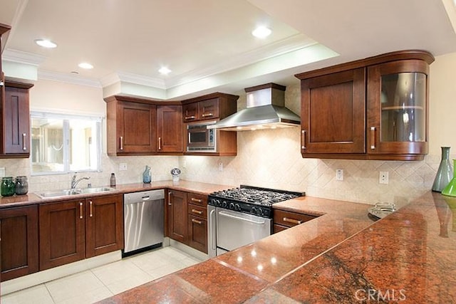 1417 S Westgate Ave Unit 201, Los Angeles, CA 90025 - kitchen with wall chimney exhaust hood, stainless steel appliances, glass insert cabinets, decorative backsplash, and light tile patterned floors