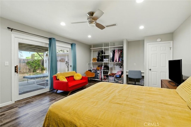 3101 Maple Ave, Fullerton, CA 92835 - bedroom with access to outside, wood finished floors, recessed lighting, and a ceiling fan