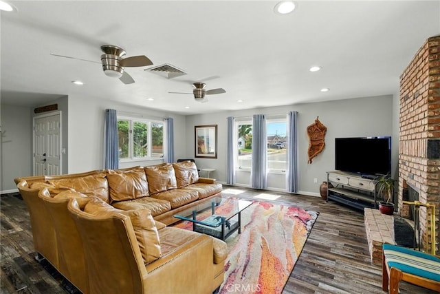 3101 Maple Ave, Fullerton, CA 92835 - living area featuring a fireplace, wood finished floors, a ceiling fan, and recessed lighting