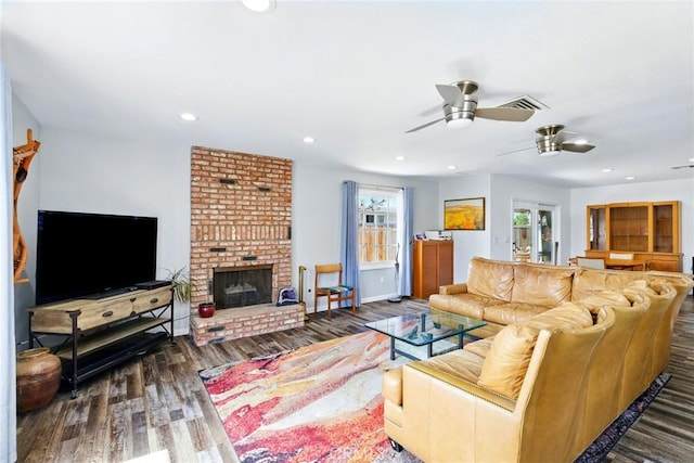 3101 Maple Ave, Fullerton, CA 92835 - living room featuring ceiling fan, wood finished floors, recessed lighting, and a brick fireplace