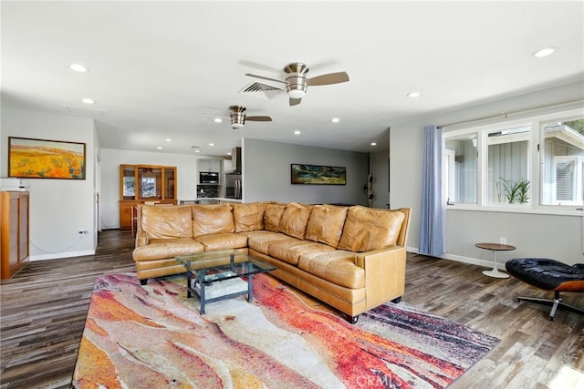 3101 Maple Ave, Fullerton, CA 92835 - living area featuring wood finished floors, recessed lighting, and ceiling fan