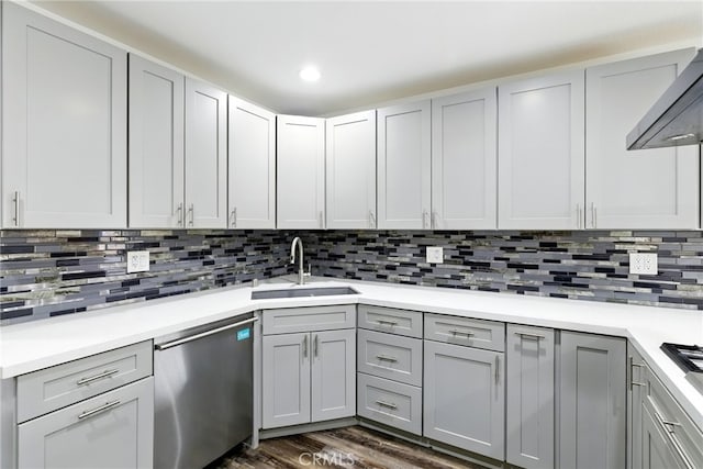 3101 Maple Ave, Fullerton, CA 92835 - kitchen featuring stainless steel dishwasher, wall chimney exhaust hood, gray cabinetry, decorative backsplash, and recessed lighting
