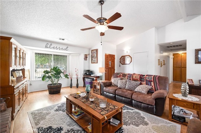 14551 Jelan Ave, Apple Valley, CA 92307 - living area featuring lofted ceiling, a textured ceiling, a ceiling fan, and light wood-type flooring