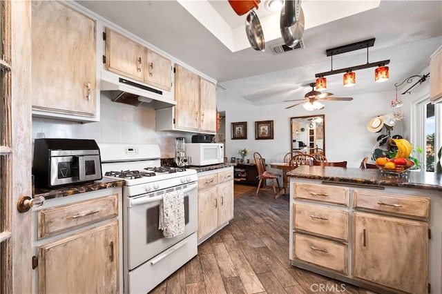 14551 Jelan Ave, Apple Valley, CA 92307 - kitchen featuring white appliances, under cabinet range hood, a ceiling fan, dark wood finished floors, and light brown cabinets