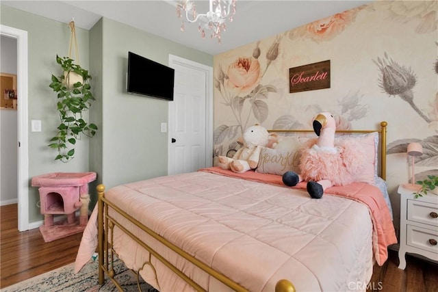 7733 Pismo Ave, Hesperia, CA 92345 - bedroom featuring wood finished floors, a chandelier, and wallpapered walls