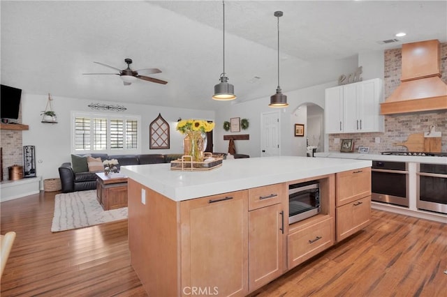 7733 Pismo Ave, Hesperia, CA 92345 - kitchen featuring stainless steel appliances, custom range hood, open floor plan, a ceiling fan, and decorative backsplash