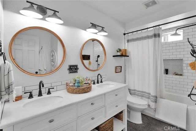 7733 Pismo Ave, Hesperia, CA 92345 - bathroom with double vanity, shower / tub combo with curtain, and tile patterned flooring
