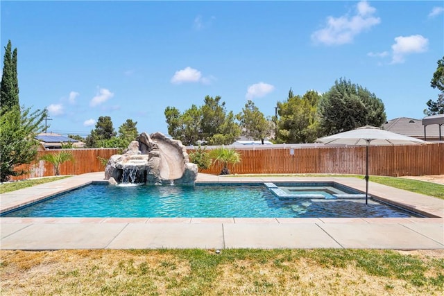7733 Pismo Ave, Hesperia, CA 92345 - view of swimming pool featuring a fenced backyard and a pool with connected hot tub