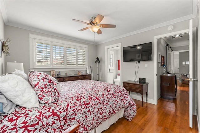 1050 Marvista Ave, Seal Beach, CA 90740 - bedroom with wood finished floors, a barn door, crown molding, a ceiling fan, and ensuite bath