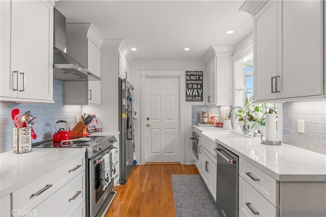 1050 Marvista Ave, Seal Beach, CA 90740 - kitchen featuring appliances with stainless steel finishes, wall chimney exhaust hood, decorative backsplash, and recessed lighting