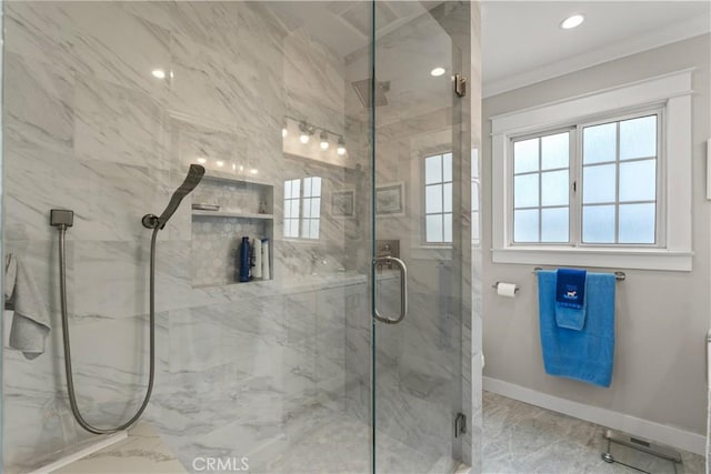 1050 Marvista Ave, Seal Beach, CA 90740 - bathroom featuring ornamental molding, marble look tiles, a marble finish shower, and recessed lighting