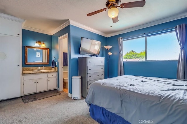 2501 W Redondo Beach Blvd Unit 306, Gardena, CA 90249 - bedroom with carpet, ornamental molding, ensuite bath, and ceiling fan
