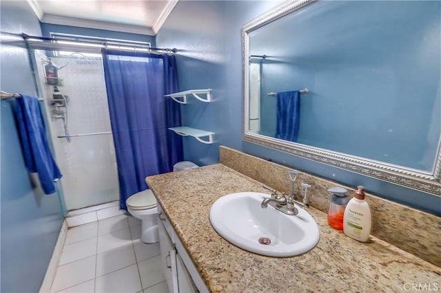 2501 W Redondo Beach Blvd Unit 306, Gardena, CA 90249 - bathroom featuring ornamental molding, a stall shower, vanity, and tile patterned floors