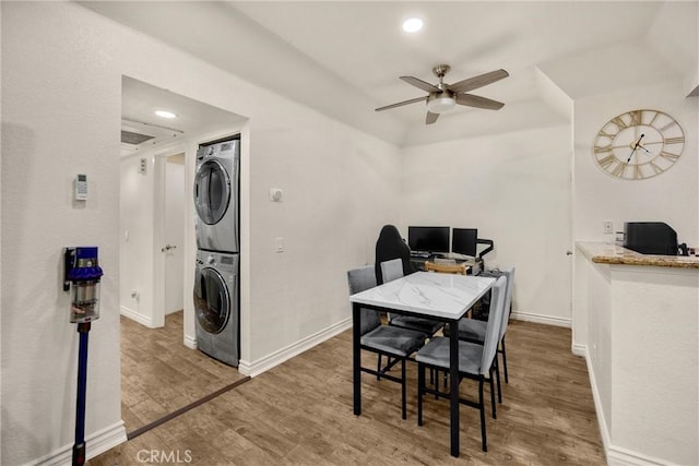22709 Lakeway Dr Unit 493, Diamond Bar, CA 91765 - dining space featuring estacked washer and dryer, ceiling fan, wood finished floors, recessed lighting, and lofted ceiling