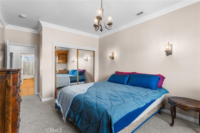 530 Bradbury Rd, Monrovia, CA 91016 - bedroom featuring light colored carpet, ornamental molding, a closet, and a chandelier