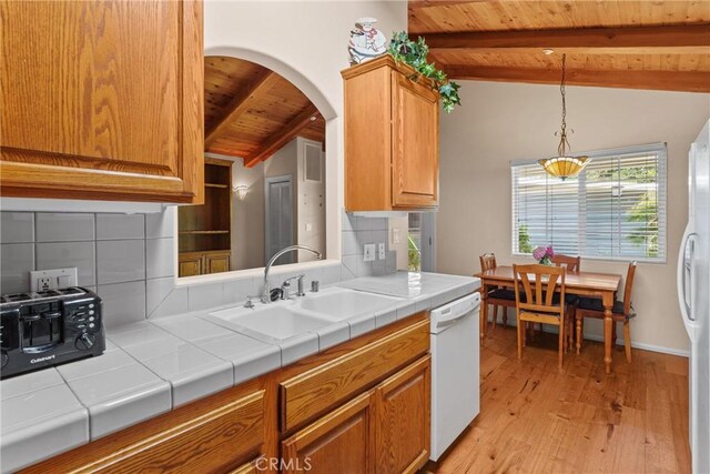 530 Bradbury Rd, Monrovia, CA 91016 - kitchen featuring wood ceiling, white appliances, backsplash, light wood-style floors, and arched walkways