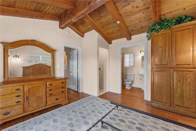 530 Bradbury Rd, Monrovia, CA 91016 - bedroom featuring dark wood-type flooring, wood ceiling, and ensuite bathroom
