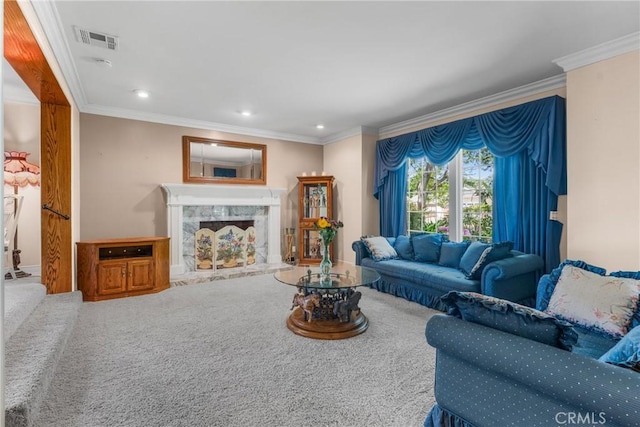 530 Bradbury Rd, Monrovia, CA 91016 - carpeted living area featuring ornamental molding, a premium fireplace, and recessed lighting