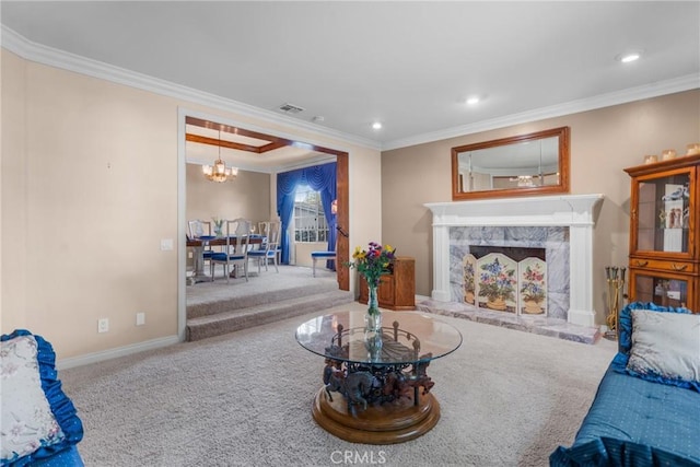 530 Bradbury Rd, Monrovia, CA 91016 - carpeted living room featuring a chandelier, crown molding, recessed lighting, and a fireplace