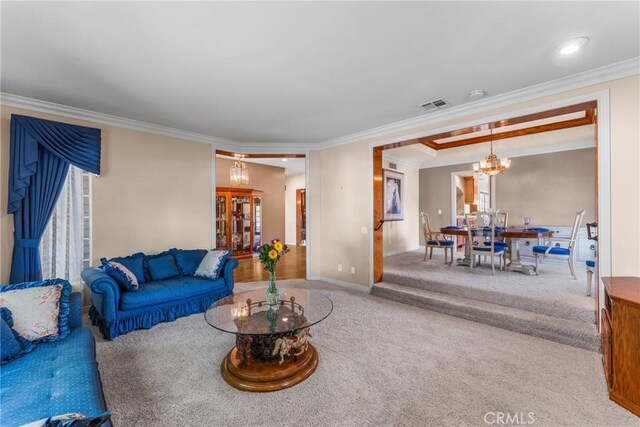 530 Bradbury Rd, Monrovia, CA 91016 - living room featuring crown molding, a chandelier, and carpet floors