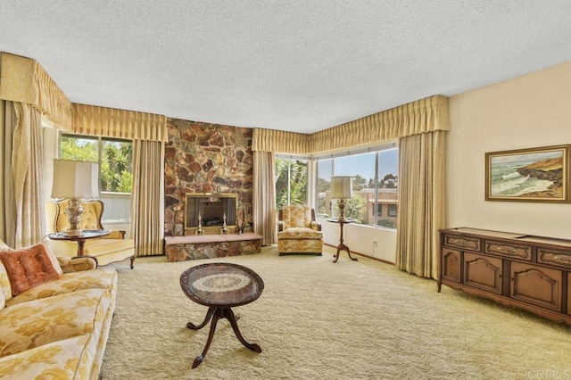 3448 Goldfinch St, San Diego, CA 92103 - living room featuring a textured ceiling, light carpet, and a stone fireplace