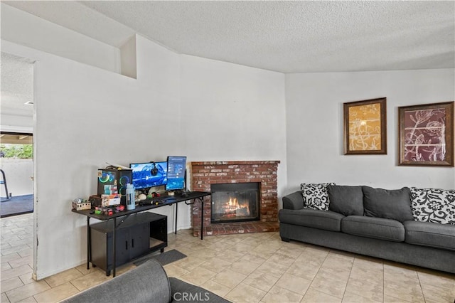 2021 Buckwheat Ave, Rosamond, CA 93560 - living area featuring a textured ceiling, a brick fireplace, and tile patterned floors