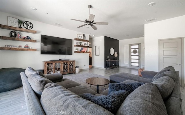 825 Spring St W, Madera, CA 93636 - living room with light wood-style floors, a ceiling fan, and recessed lighting
