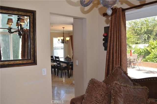 25592 Aragon Way, Yorba Linda, CA 92887 - hall featuring a chandelier, light tile patterned flooring, and ornamental molding