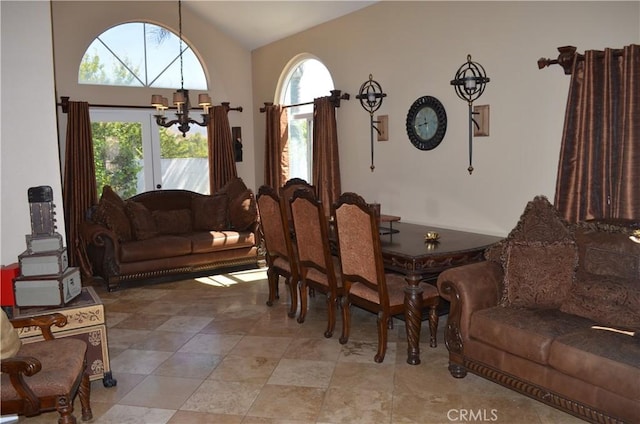 25592 Aragon Way, Yorba Linda, CA 92887 - dining room featuring a chandelier, lofted ceiling, and plenty of natural light