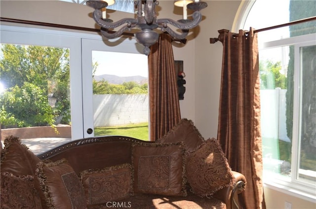 25592 Aragon Way, Yorba Linda, CA 92887 - sitting room featuring a chandelier, plenty of natural light, and a mountain view