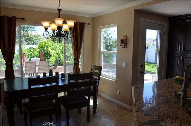 25592 Aragon Way, Yorba Linda, CA 92887 - dining space with a chandelier, crown molding, and light tile patterned flooring