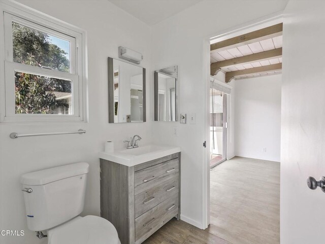 3914 Alta Vista Dr, La Canada Flintridge, CA 91011 - bathroom with vanity, wood finished floors, and a wood ceiling with exposed beams