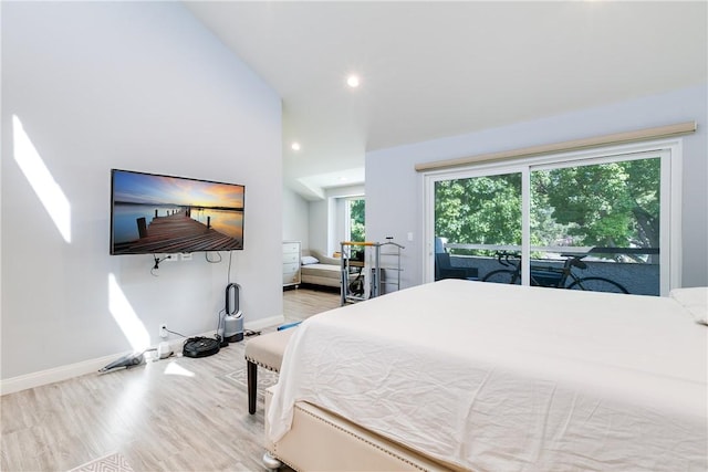 456 W Huntington Dr Unit C, Arcadia, CA 91007 - bedroom featuring access to exterior, wood finished floors, recessed lighting, and lofted ceiling