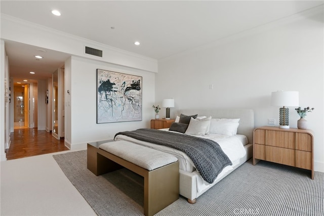 10490 Wilshire Blvd Unit 2704, Los Angeles, CA 90024 - bedroom with recessed lighting, crown molding, and light carpet