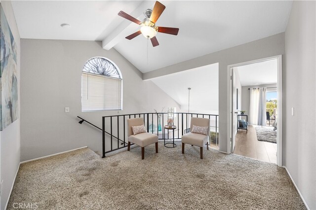 13199 Spire Cir, Chino Hills, CA 91709 - sitting room with carpet floors, a ceiling fan, and an upstairs landing