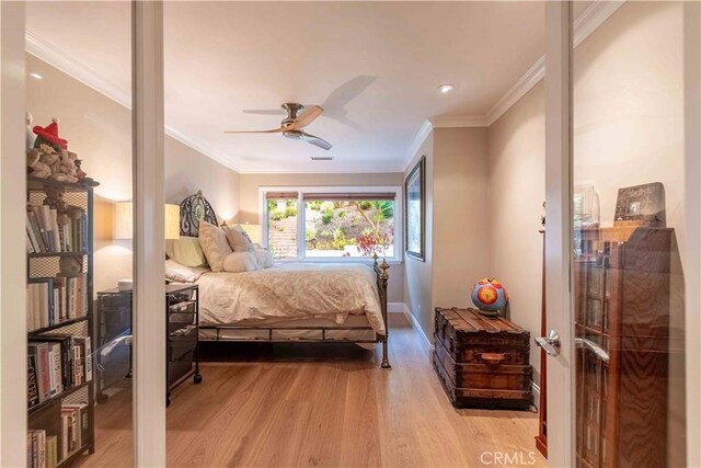 1525 Ramona Dr, Camarillo, CA 93010 - bedroom with light wood-type flooring, crown molding, and ceiling fan