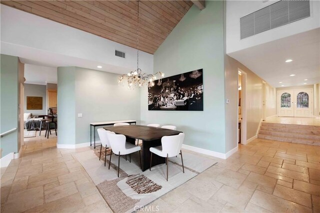 1525 Ramona Dr, Camarillo, CA 93010 - dining space with stone tile floors, high vaulted ceiling, recessed lighting, a chandelier, and a wood ceiling with exposed beams