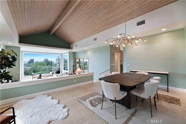 1525 Ramona Dr, Camarillo, CA 93010 - dining area featuring a wooden ceiling with exposed beams, a chandelier, and high vaulted ceiling
