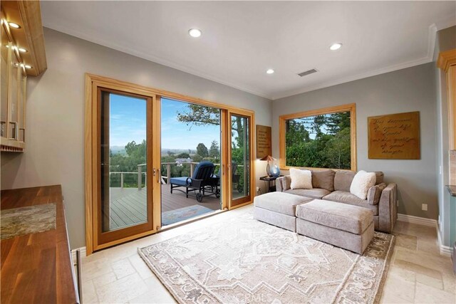 1525 Ramona Dr, Camarillo, CA 93010 - living area featuring stone tile flooring, recessed lighting, and crown molding