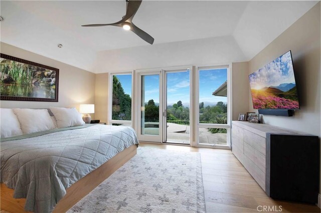 1525 Ramona Dr, Camarillo, CA 93010 - bedroom with access to outside, light wood finished floors, a ceiling fan, and vaulted ceiling