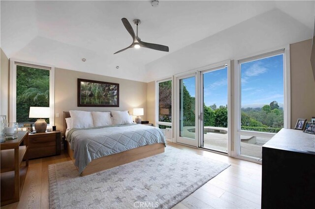 1525 Ramona Dr, Camarillo, CA 93010 - bedroom with access to outside, light wood-type flooring, lofted ceiling, and a ceiling fan