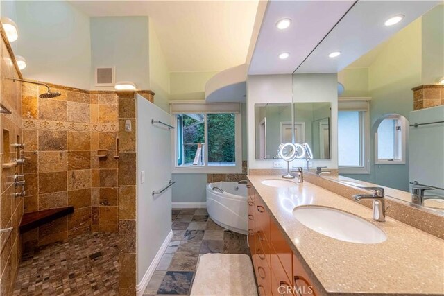 1525 Ramona Dr, Camarillo, CA 93010 - full bathroom featuring walk in shower, double vanity, a garden tub, healthy amount of natural light, and recessed lighting